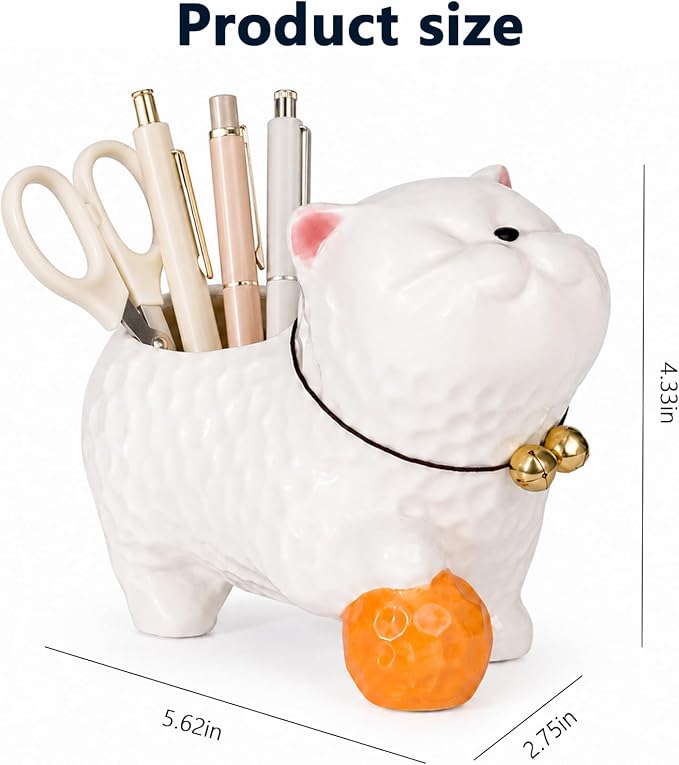 Ceramic Cat Shaped Pen Pencil Holder for Desk Decoration Accessories Cat Decor Makeup Brush Pen Cups Office School Ideal Gifts for Women, Mom or Birthdayscr