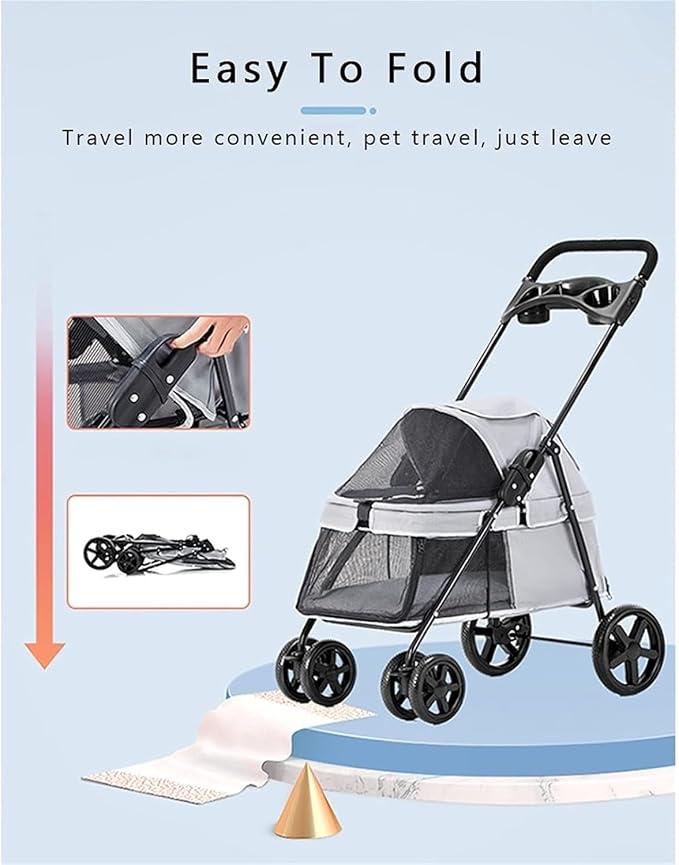 Pet Stroller -Foldable Dog Stroller Small Medium Dogs Cats Pushchairs Portable Travel Carriage Dog Strollers with Storage Basket Cup HolderBreathable Mesh (Color : Blue)