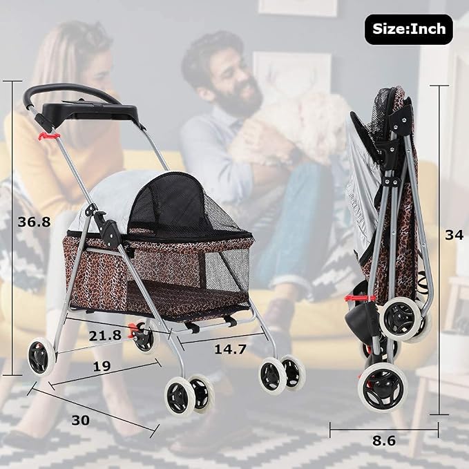 HGS Pet Cat Dog Stroller 4 Wheels Jogger Puppy Travel Carrier Portable Doggie Cage Strolling Cart with Cup Holders, 35Lbs Capacity Folding Waterproof for Medium Dogs Cats Pet, Leopard Skin