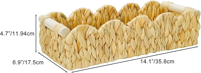 Decorative Toilet Paper Storage Basket, Modern Farmhouse Home Decor Scalloped Basket for Organizing, Pantry Baskets for Shelves, Countertop, Living Room, Wood Handles, Natural Water Hyacinth (1Pack