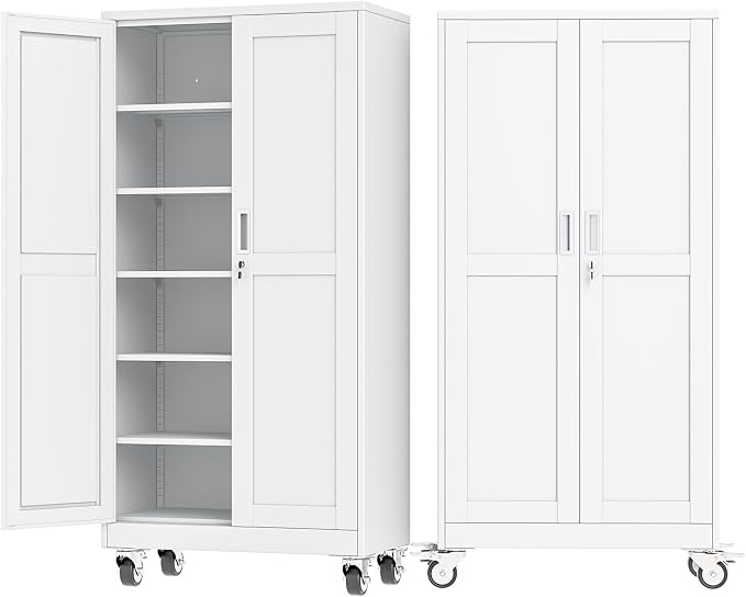 Ckzbx Metal Large Garage Storage Cabinet with Locking Doors and Adjustable Shelves,73.6" H Rolling Tool Storage with Wheels for Garage,Office (White)