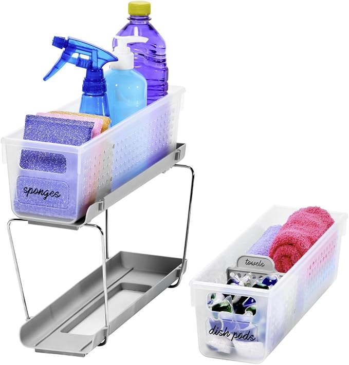 madesmart Compact Two Tier Organizer, Frost | pull out bins, adjustable dividers, tiered access, cleaning supplies, under sink use, pantry bottles, woman owned