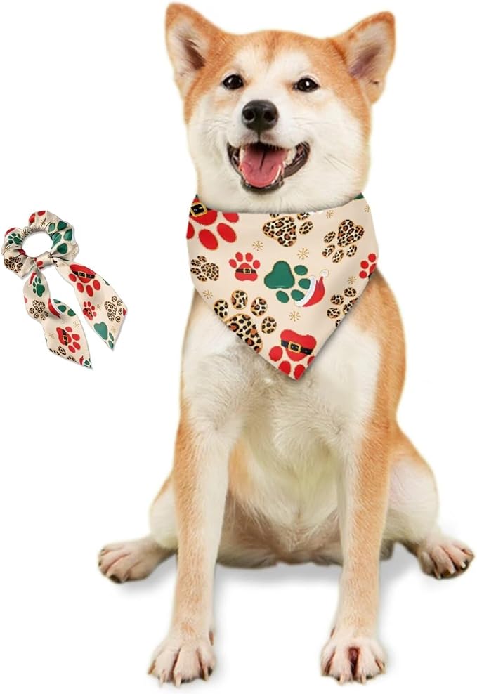 COEQINE Christmas Dog Bandanas Large Beige Bow Hair Tie Bulk Set Costume for Dogs 2 Pcs Large Medium Small Pet Cosplay Birthday Costumes,Cute Paw Print Beige