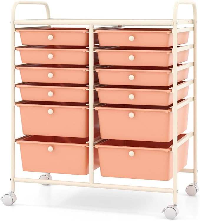 12 Drawer Rolling Storage Cart, Art Cart Organizer on Wheels, Mobile Utility Cart with Drawers, Multipurpose Craft Drawers for Home Office School Classroom (Peach)