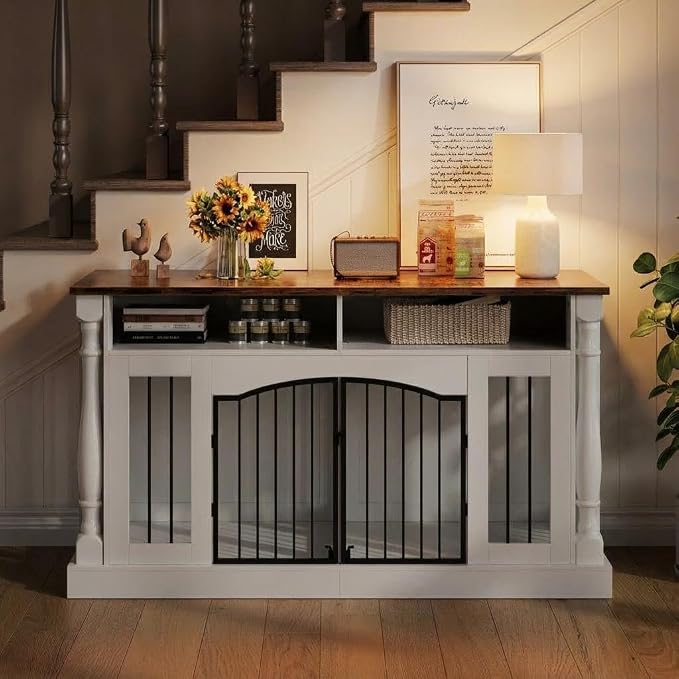 63" Large Dog Crate Furniture for Small & Medium Dogs, Roman Column Kennel Furniture with Semi-Open Storage, TV Stand Dog Cage Table, Heavy Duty Indoor Dog Kennel, White+Rustic Brown Top