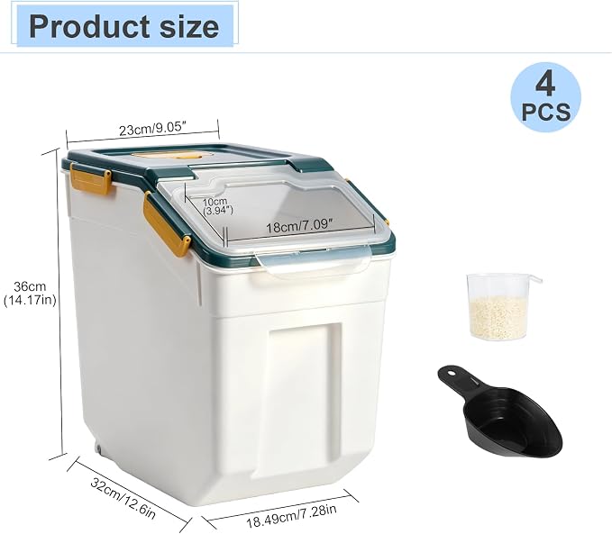 Saim 4Pack 50lb Flour & Rice Storage Container Bin (Dark Blue) | BPA free plastic with seal lid, rolling wheels and measuring scoop for rice, flour, cereal and grain one-hand scooping