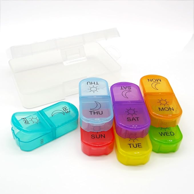 Travel Pill Organizer 7-Day for Purse Pocket, Daily Medicine Case | Box with 14 Compartment Weekly Meds Container Reminder Planner AM PM Hold Medicine, Vitamin, Supplement, Fish Oil, Colorful