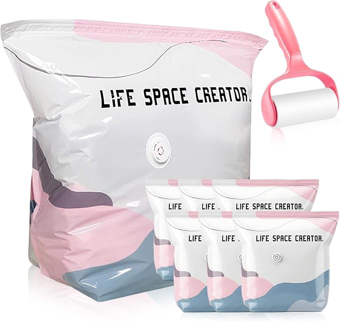No‑pump Vacuum Storage Bags - 3-Sec Fast Compression, Heavy-Duty Travel Vacuum Bags Without Pump, Reusable Large Cube Vacuum Seal Bags, Press & Seal, Keeps Clothes Dry & Dust‑Free (M,6PCS)