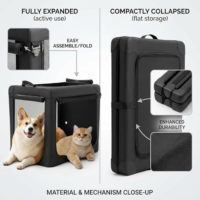 24 Inch Foldable Soft Dog Crate, Portable Travel Pet Carrier for Small Dogs, Airline Approved Dog Kennel with Washable Pad & Storage Bag, Indoor Outdoor Use (Up to 30 lbs, Black)