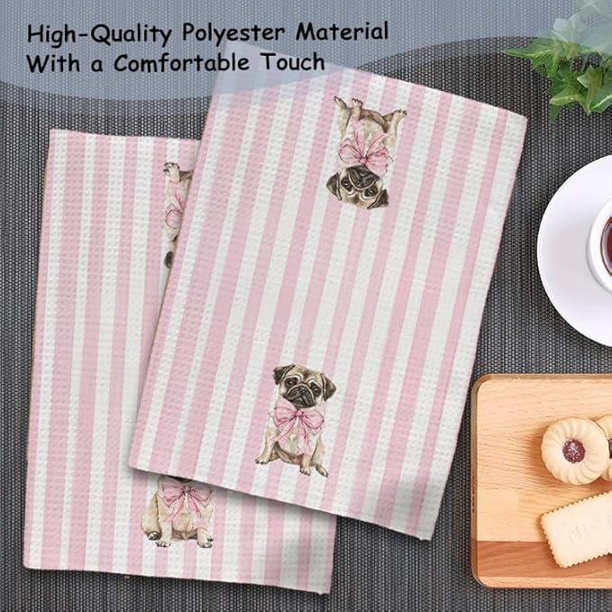 Pink Coquette Pug Kitchen Towels, Pug Lover Gifts Dish Tea Towels for Kitchen Decor, Preppy Girly Dog Pink Striped Decorative Hand Towel Bathroom Decor, 16x24 Inch Set of 2