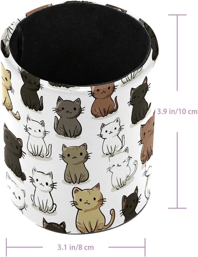 Faux Leather Pen Holder for Desk, Pencil Organizer Cute Cat Pen Cup Desk Decor Makeup Brush Holder Storage for Office Home