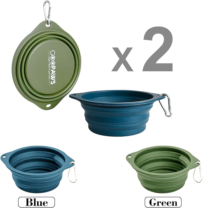 2 Pack Silicone No Spill Collapsible Travel Dog Feeding Bowls | Food-Grade Silicone, BPA Free, Travel Pet Bowls, with Carabiner Clip for Hiking, Durable & Quality, Dishwasher Safe