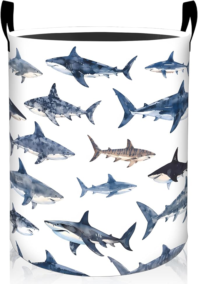 Shark Laundry Basket, Ocean Animal Print Foldable Oxford Cloth, Waterproof Dirty Clothes Hamper with Handles, Clothing Storage Bin Toy Organizer for Bedroom Dorm Bathroom, 19.7"x15.7"