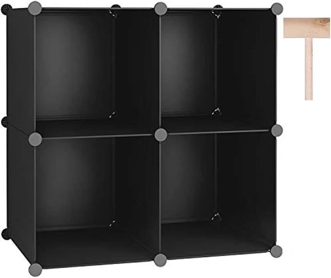 C&AHOME Plastic Cube Storage Organizer, 4-Cube Shelves Units, Black | DIY Modular Bookshelf, Portable Closet Organizers and Storage Ideal for Bedroom, Office, 24.8" L x 12.4" W x 24.8" H