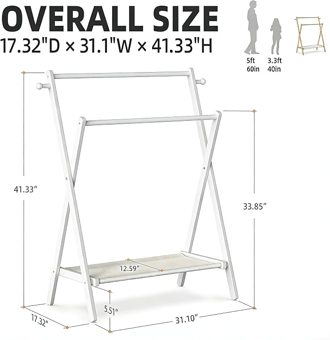 BAMBOOHOMIE Kids Clothing Rack, Small Clothes Rack for Toddler Pets, Kids Dress Up Rack with Storage Shelf & Double Rods, Foldable Kids Clothes Rack for Nursery Child's Room (Regular Size - White)