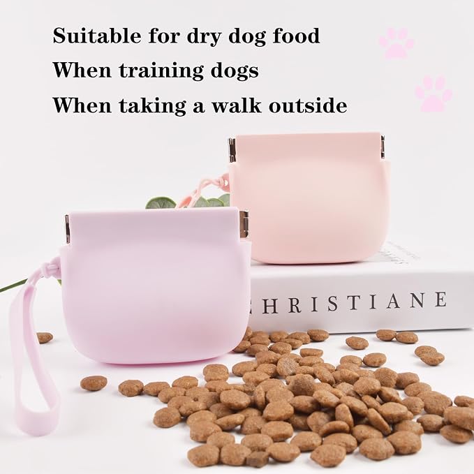 Silicone Dog Treat Pouch Portable Snack Pouch (Pink & Purple) | 2 Pieces Silicone Mini Portable Pet Snack Pouch with Auto Close Feature Feed Dog Treat Pouch for Pet Travel or Outdoor Use