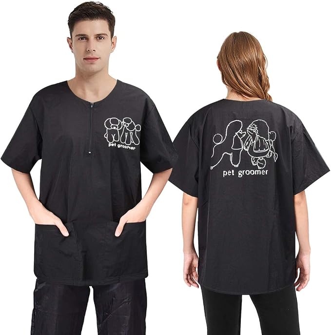 Noverlife Unisex Pet Grooming Smock & Pants, Splash Proof & Hair Repellent | Black, Anti-Static Dog Cat Grooming Workwear Clothes with Pockets, Hair Repellent Working Shirt & Trousers for Pet Groomer
