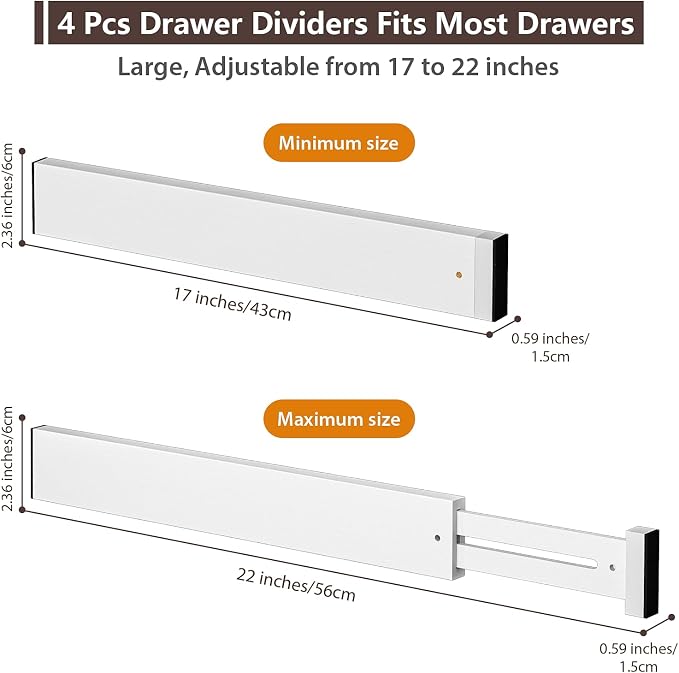 4 PCS Drawer Divider, 17"-22" Adjustable Bamboo Drawer Dividers Organizers, Expandable Separators for Kitchen, Clothes, Dressers, Home, Office, White