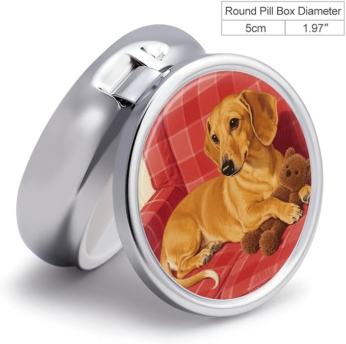 Dachshund Weiner Pet Dog Pill Box 3-Compartment Travel Pill Organizer Portable Round Medicine Case with Mirror Design for Vitamins, Jewelry & Essentials Durable Pocket Pillbox for Purse, Camping