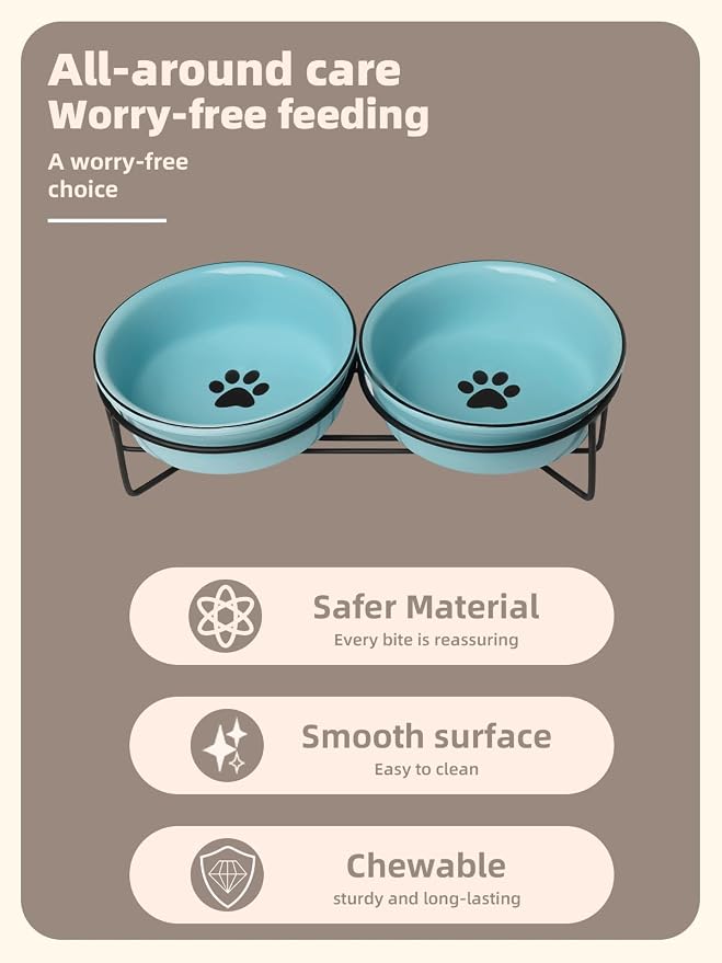 GDCZ Ceramics Raised Cat Bowls with Heighten Metal Stand,15 Ounces Turquoise