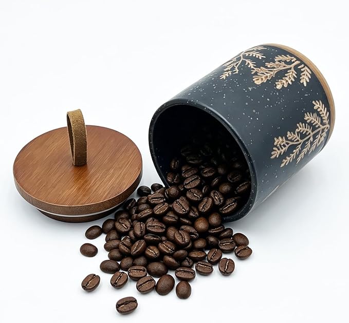 10oz Ceramic Airtight Food Storage Container with Wooden Spoon for Sugar,Matcha,Salt,Coffee,Spices,Cat Treat,Loose Leaf Tea(Black Botanical Fern Pattern)
