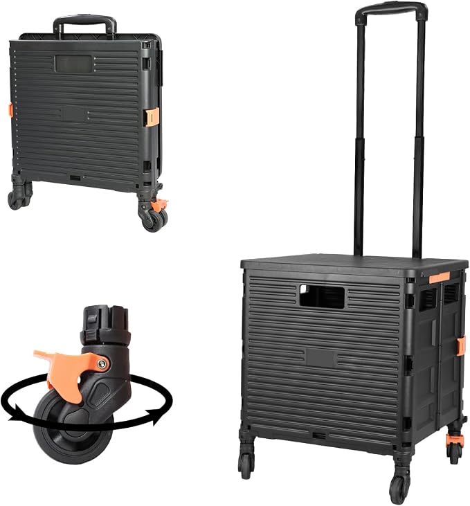 Utility Cart Folding Portable Rolling Crate Handcart with Lid Durable Heavy Duty Plastic Telescoping Handle Collapsible 360 Degree Rotate Wheels for Travel Shopping Moving Luggage Office Use,Black