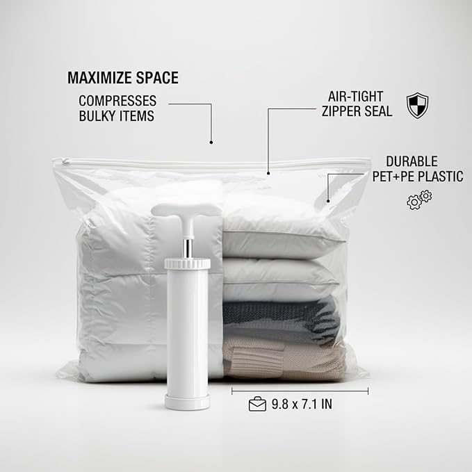 Vacuum Storage Bag with Zipper Seal, Space Saver for Bedding and Clothes, Compresses to 9.8 x 7.1 in, White (1 Pack)