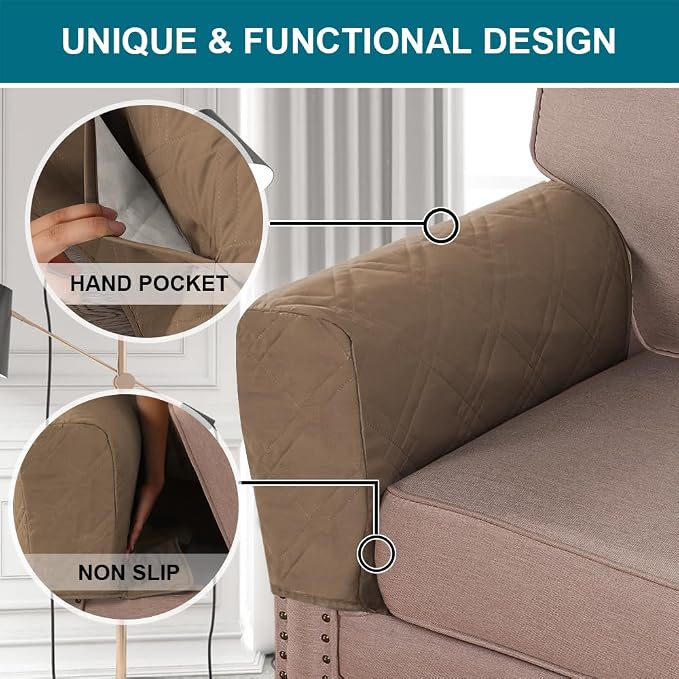 Water Resistant Arm Covers Couch Armrest Covers for Sofa Remote Control Holder Sofa Armrest Organizer for Magazine, Tablet, Phone, iPad (Taupe)