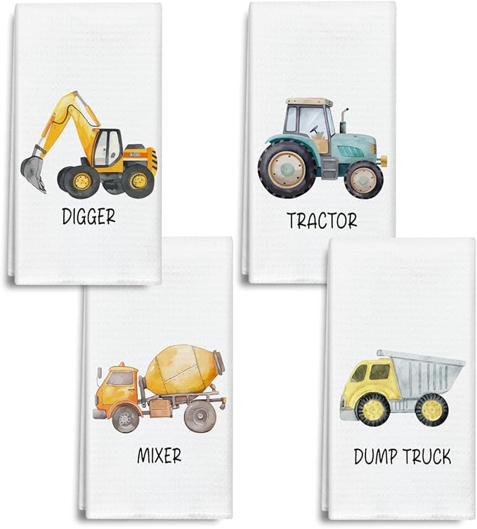 Construction Vehicles Kitchen Towels and Dishcloths Set of 4, Decorative Kids Hand Towel Drying Cloth for Bathroom, Gift for Boys, 16x24 Inches -01