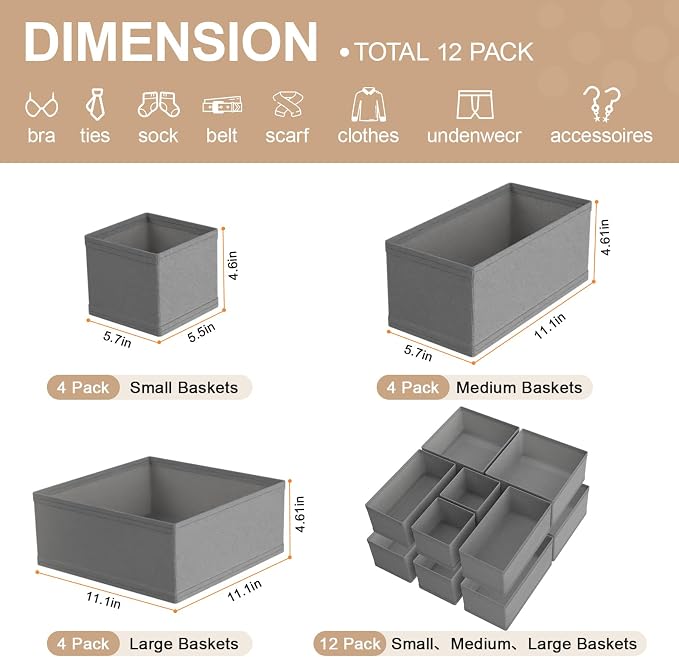 Drawer Organizer Clothes & Dresser Organizers - 12 Pack Foldable Drawer Dividers, Baby Clothes Organizer & Nursery Storage for Sock, Underwear, Bra, Belt, Closet and Dresser Drawer Organizers(Grey)