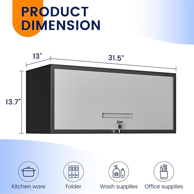 Metal Garage Wall Cabinet with Doors, Wall Mounted Metal Storage Cabinet, Floating Garage Tool Cabinet for Garage, Basement, Kitchen, Warehouse (Black Gray, 13.7" H)