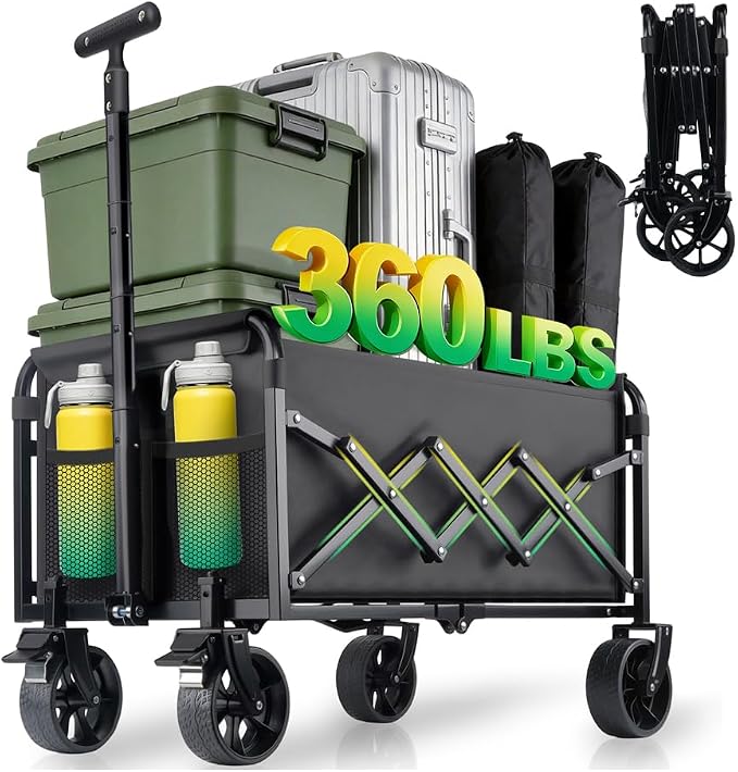 360LBS Collapsible Wagon Cart Foldable Heavy Duty, Shopping Cart with Brake | Folding Wagon with 360°Swivel Wheels, Portable Utility Cart with 2 Cup Holders, Grocery/Beach/Camping/Garden/Sports
