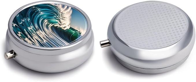 3 Compartment Medicine Pill Case, Ocean Waves Round Pill Box, Portable Decorative Medicine Organizer for Pocket Or Purse Vitamin Organize
