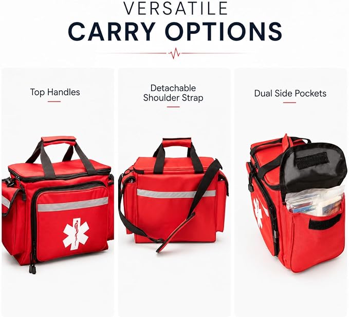 NOVAMEDIC Professional Red Empty Trauma First Aid Medical Bag, 15"x10"x9", Multi Compartment First Responder Carrier for EMT, Paramedics, Emergency and Medical Supplies Kit