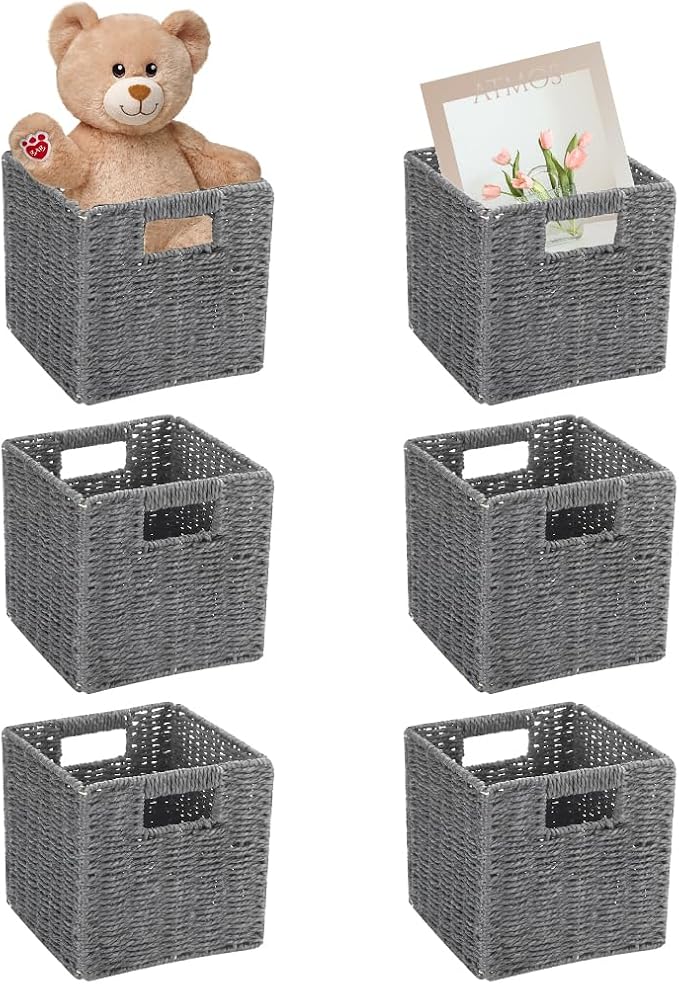 6 Pack 8.7 Inch Wicker Baskets, Paper Rope Storage Baskets | Foldable Cube Storage Bins Organizer Square Wicker Cubes for Shelves Pantry Organizing & Decor (Gray)