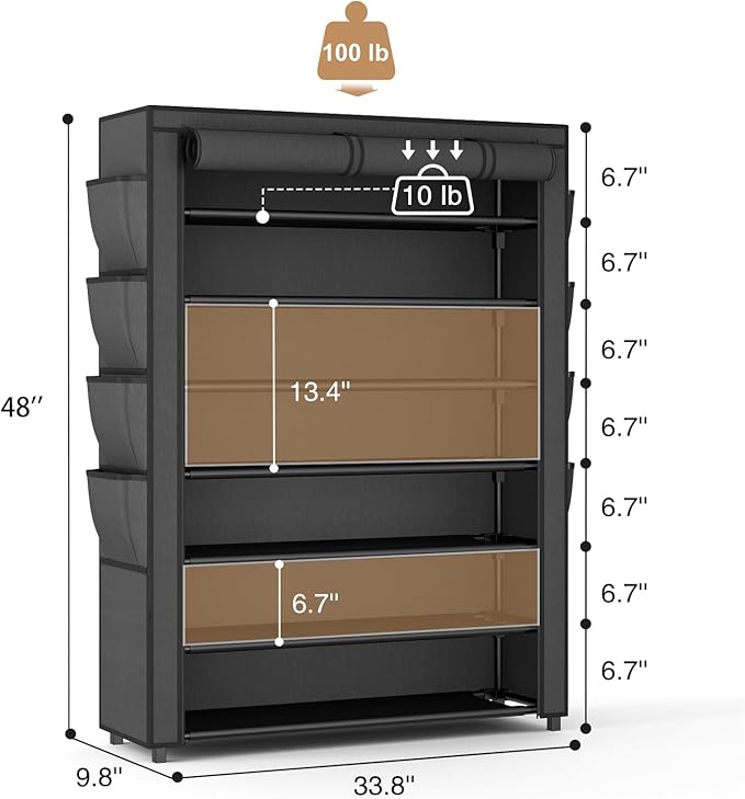 VTRIN Shoe Rack with Cover, 7 Tier Shoe Organizer Storage for 35-40 Pairs Shoes and Boots Large Capacity Tall Shoe Shelf with 8 Pockets Free Standing Shoe Rack for Closet, Entryway, Garage