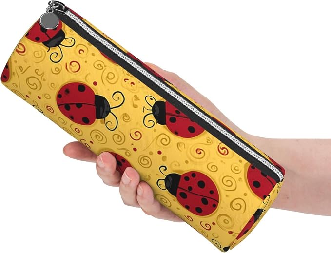 OSAM SPACE Leather Pencil Case Round Pencil Bag Cute Red Ladybugs Swirls Pen Organizer Holder Portable Zipper Pouch Cute School Supplies for Girls Boys Study Office