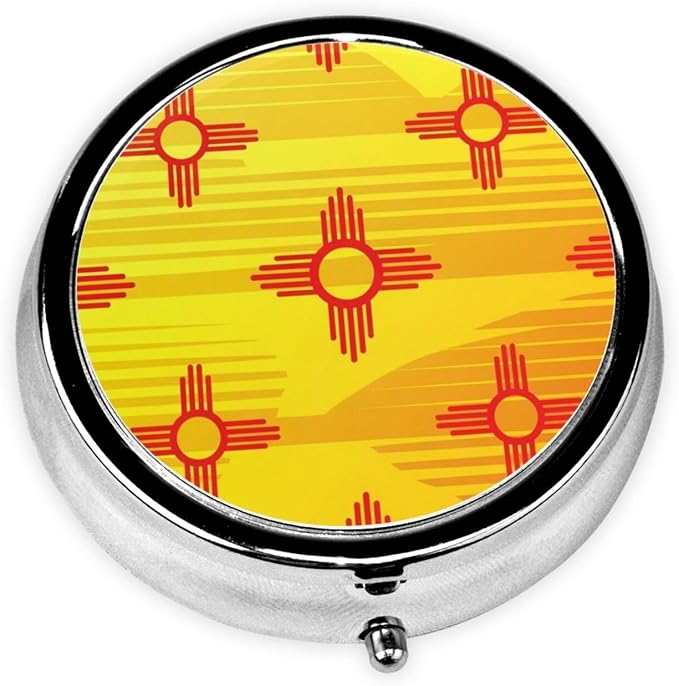Round Pill Case, Shiny Grunge Flag New Mexico Portable Mini Holder, Travel Organizer with Mirror, Pocket Purse Box for Daily Meds