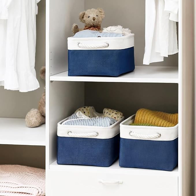 Storage Basket for Organizing - Medium 3 Pack 14x10x7 inch Fabric Storage Cubes for Shelves with Rope, Collapsible Storage Bin for Organizer Closet Cloth Gift Toy (White & Jean Blue)