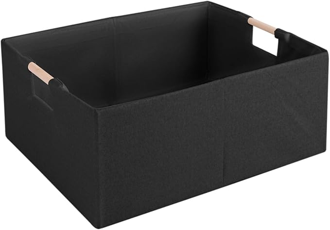 Fabric Storage Box, 13x9in Foldable Cotton Linen Basket with Wooden Handle | Small Rectangular Cube Decorative Home Laundry Organizer Clothes Blanket Container Organizing Clothes Sheets Jeans, Black