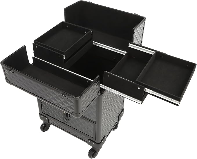 Rolling Makeup Train Case with 7 Compartments & Drawer, Large Storage Professional Aluminum Alloy Mobile Organizer on Wheels for Hairstylists, Makeup Artists, Pet Groomers (black)