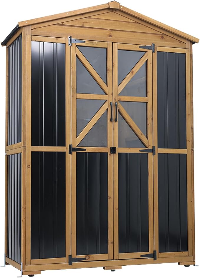 Ketive Outdoor Storage Cabinet, 72-Inch Tall, with Adjustable Shelves | Fir wood frame, metal panels, sloped asphalt roof, hooks and ground stakes for patio and backyard organization.
