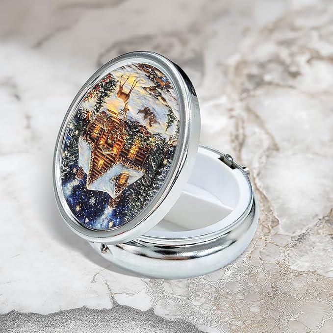 Portable Round 3 Compartment Metal Pill Box Beautiful Snow-Covered Log Cabin Surrounded by Evergreens for Travel Storage Home Organization Outdoor Adventures