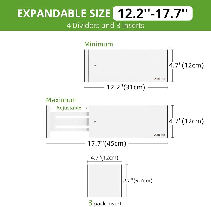 4 Pack Expandable Drawer Dividers, 4.7'' High, Extend from 12.2'' to 17.7'', Bamboo Dresser Drawer Organizers Separators for Kitchen, Bedroom, Office, Bathroom (White)