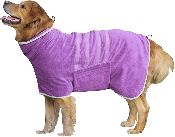 Dog Robe - Fast Drying Towel - Microfiber Super Absorbent Pet Bathrobe, Adjustable Collar & Belly Strap (Purple, Small)