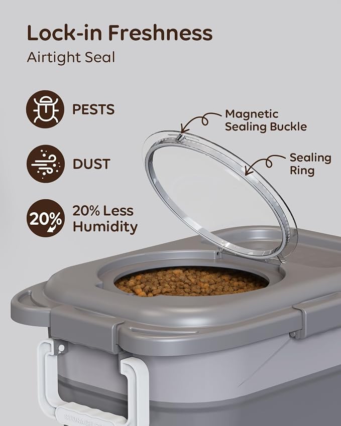 Collapsible Dog Food Container for 10-25 lbs, Airtight Storage Bin | Magnetic Clear Lid with Scoop & Wheels, Space-Saving Design for Dog & Cat Kibble, Rice, Flour, Khaki