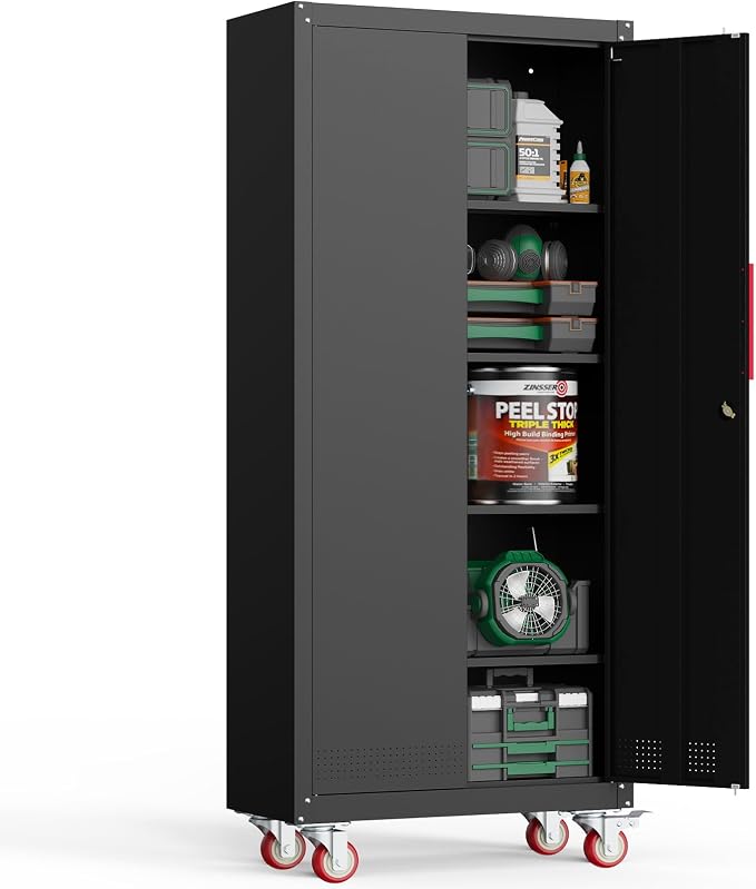 Kelueo 71" Tall Metal Garage Storage Cabinet with Wheels and Locking Doors | Heavy-duty steel rolling tool cabinet,garage cabinets with 4 adjustable shelves for garage,home,office,shop.black