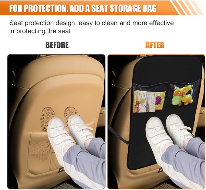 2PCS Car Backseat Organizer - Vehicle Seat Back Protector Kick Mats for Kids - Waterproof Car Back Seat Cover with 2 Storage Pockets - Road Trip Essentials Travel Accessories for Car SUV Truck