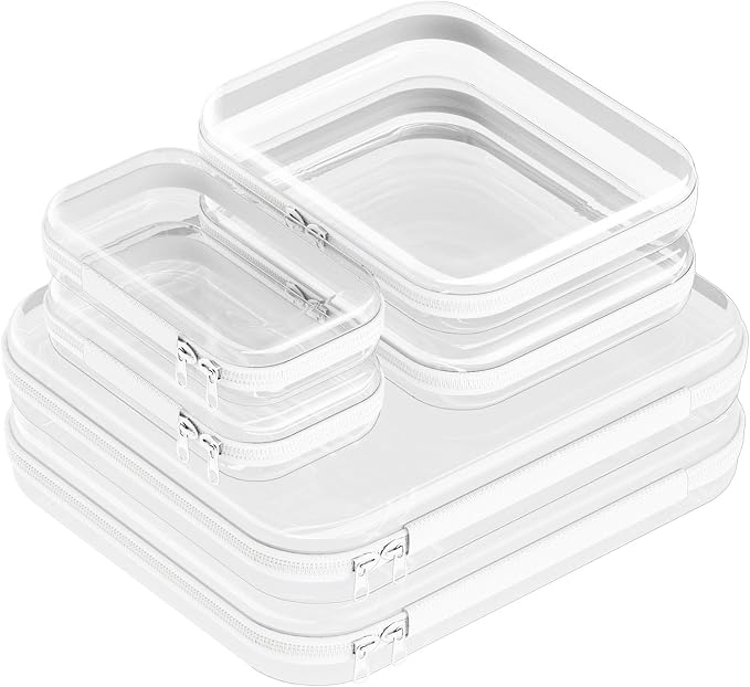 6 Pack Clear Hard Shell Zipper Case, Hard Plastic Zipper Pouches(2L, 2M,2S) | 2 Large, 2 Medium,2 Small，Diaper Bag Storage Organizer Box, for Travel of Makeup Bag, Toiletry Bag, Electronics, Toys