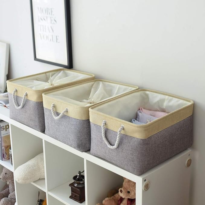 Storage Baskets for Organizing, Extra Large-3Pack, 17.7L×13.8W×9.8H inch Large Sturdy Storage Bins, Decorative Storage Baskets for Shelves Closet Nursery (Gold&Grey)